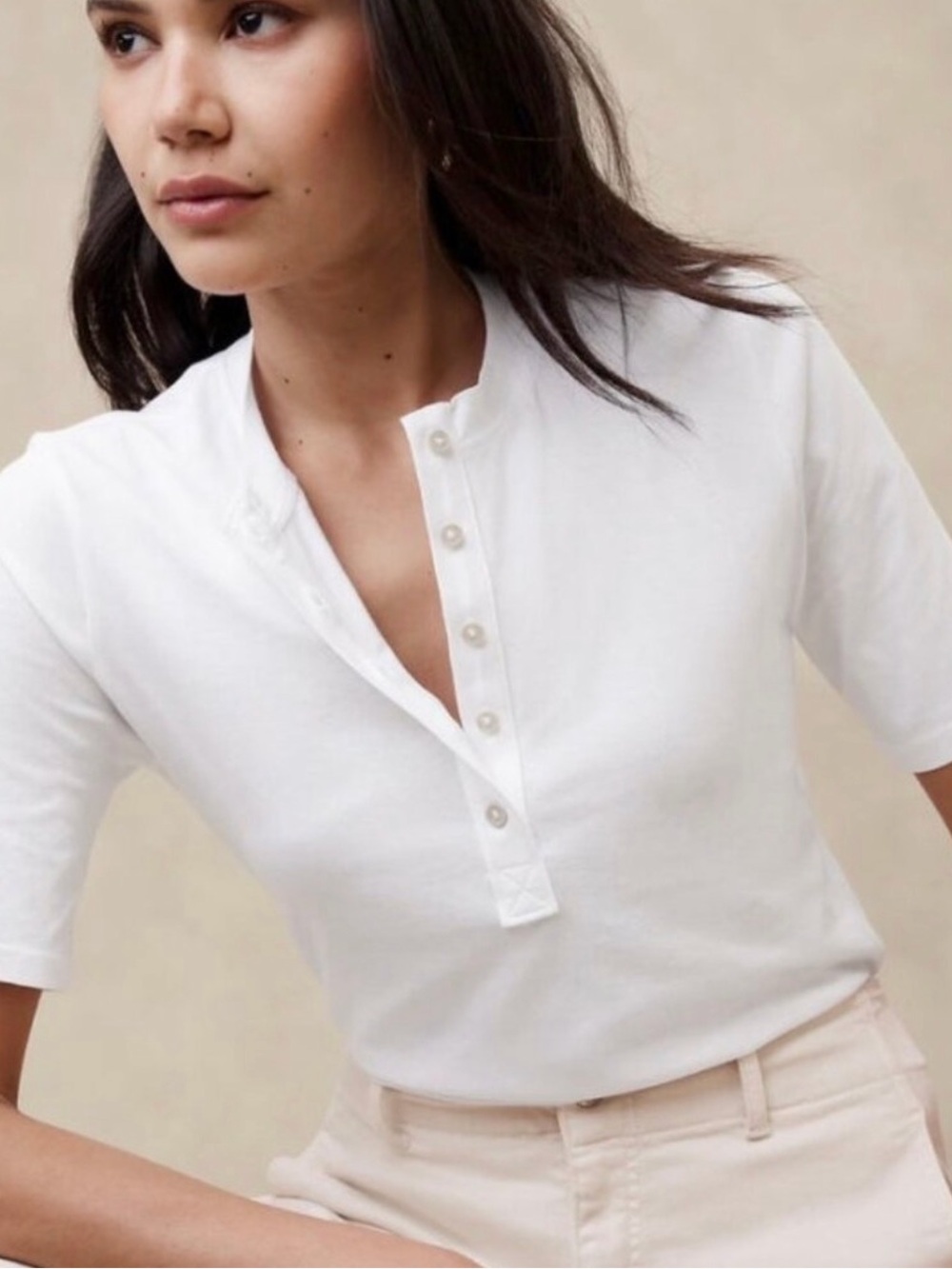 Banana Republic Factory White Elbow-Sleeve Henley Button-Front Top XS